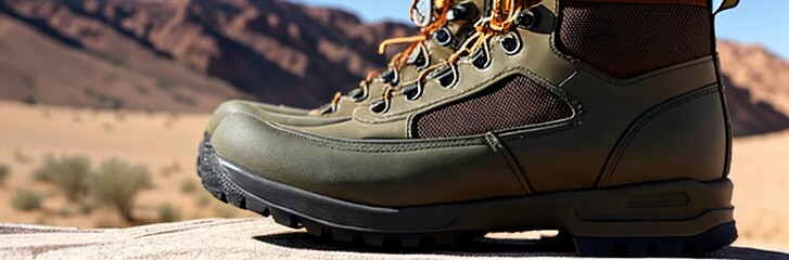 Military boots for men. Hike boots used for equipment military and special forces. Details and close-up. Contemporary battlefield. Modern war. Special military operation. Banner. Generative AI