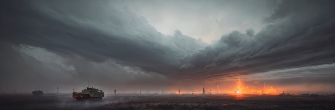 Armored tanks stand on battlefield after battle late summer or autumn evening during war, steam, fog, clouds of dust. Contemporary battlefield. Modern war. Special military operation. Generative AI