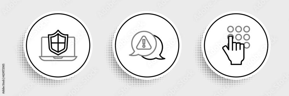 Poster set line password protection, laptop protected with shield and exclamation mark in triangle icon. ve
