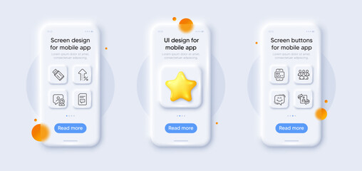 Naklejka na ściany i meble Smile chat, Video conference and Group line icons pack. 3d phone mockups with star. Glass smartphone screen. Comments, Technical algorithm, Increasing percent web icon. Vector