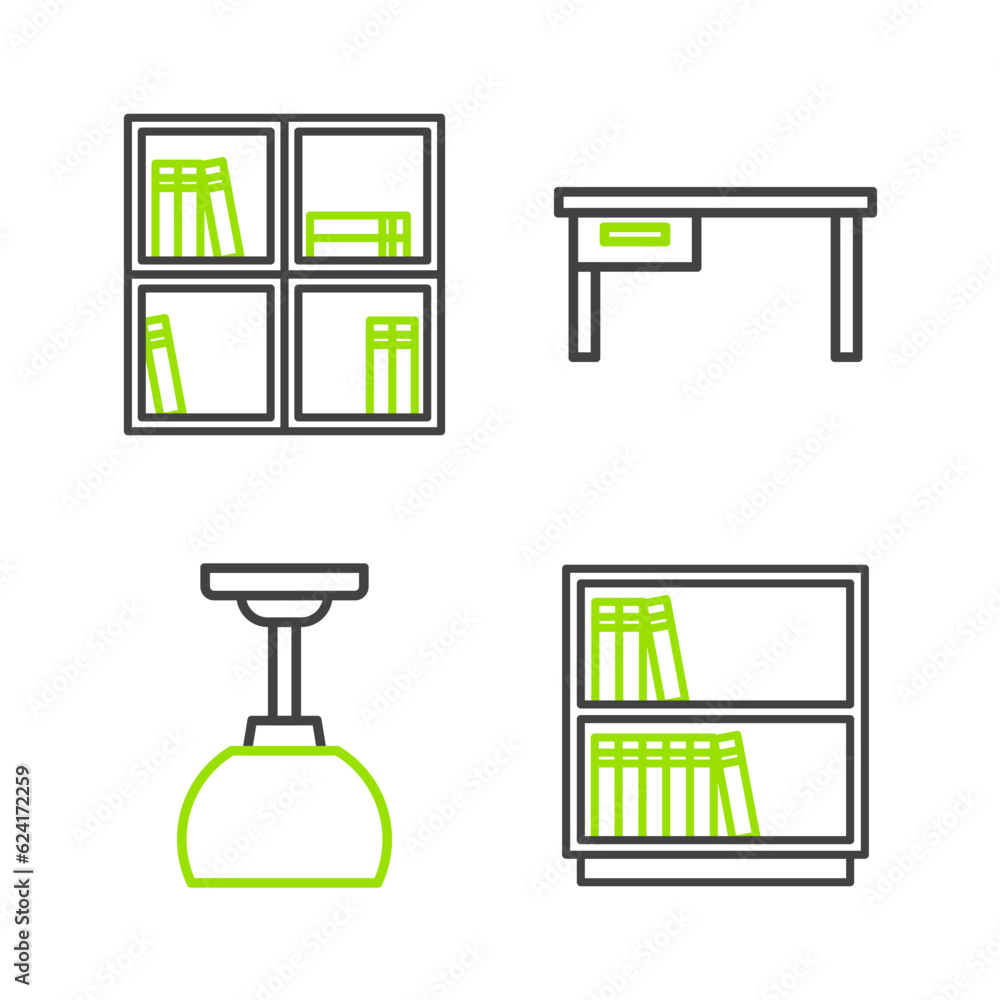 Poster set line library bookshelf, lamp hanging, office desk and shelf with icon. vector