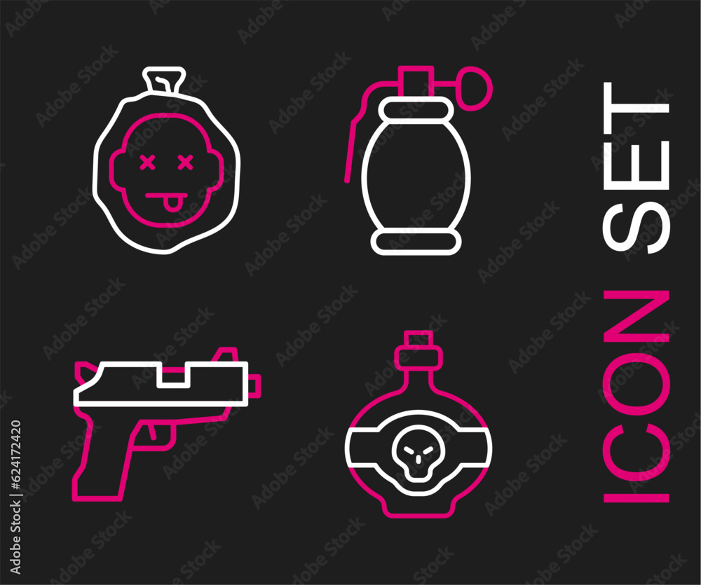 Poster Set line Poison in bottle, Pistol or gun, Hand grenade and Murder icon. Vector