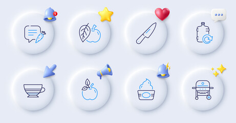 Chat bubble, Refill water and Ice cream line icons. Buttons with 3d bell, chat speech, cursor. Pack of Knife, Gas grill, Mocha icon. Apple, Eco food pictogram. For web app, printing. Vector