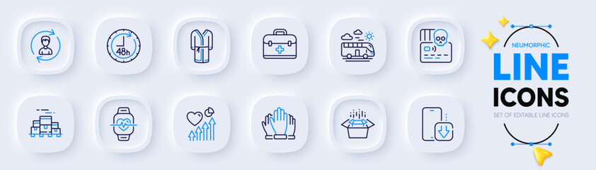 48 hours, Heart beat and Bus travel line icons for web app. Pack of Human resources, Phone download, Vote pictogram icons. Boxes pallet, Bathrobe, Cardio training signs. First aid. Vector