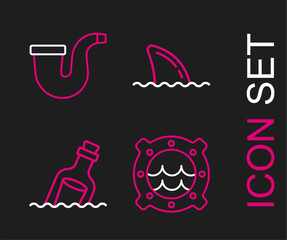 Set line Ship porthole with seascape, Bottle message in water, Shark fin ocean wave and Smoking pipe icon. Vector