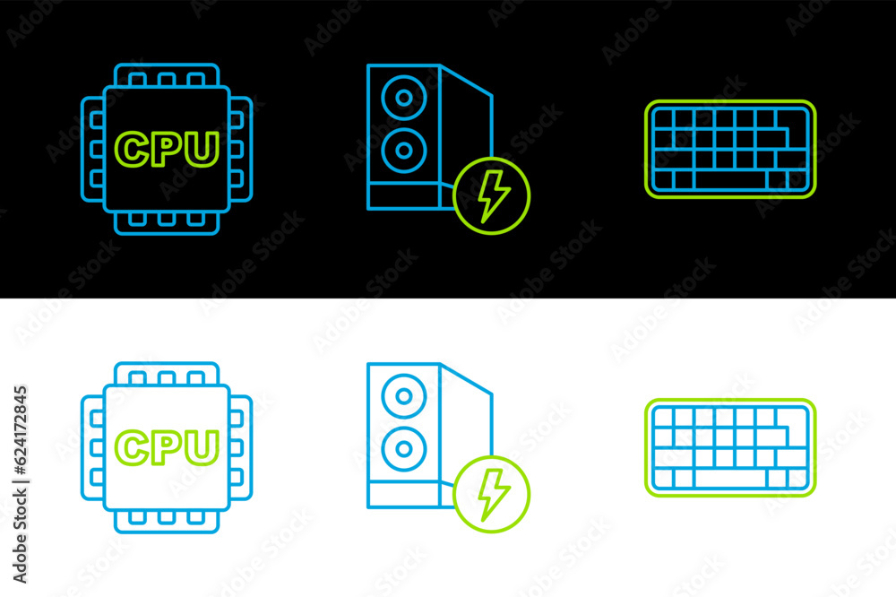 Poster set line keyboard, processor with cpu and case of computer icon. vector