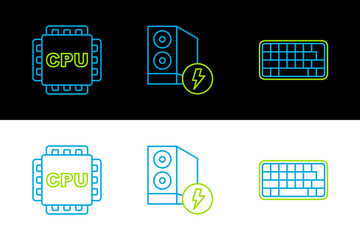 Set line Keyboard, Processor with CPU and Case of computer icon. Vector