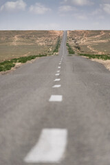 Minimalistic asphalt road in the middle of the Kazakh steppe, on a hot summer day