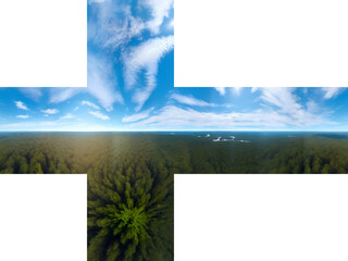 360 panoramic background cube map with white clouds in the blue sky over the forest
