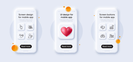 Donation money, Dont touch and Online shopping line icons pack. 3d phone mockups with heart. Glass smartphone screen. Leadership, Touchscreen gesture, Edit user web icon. Vector