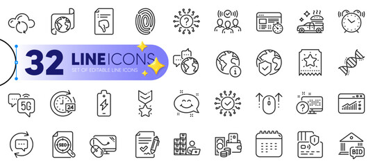 Outline set of Update comments, Chemistry dna and Fingerprint line icons for web with 5g internet, Web traffic, Alarm clock thin icon. Loyalty ticket, Question mark, Card pictogram icon. Vector