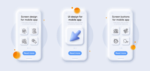 Seo phone, Outsourcing and Home moving line icons pack. 3d phone mockups with cursor. Glass smartphone screen. Breathing exercise, Touchscreen gesture, Credit card web icon. Vector