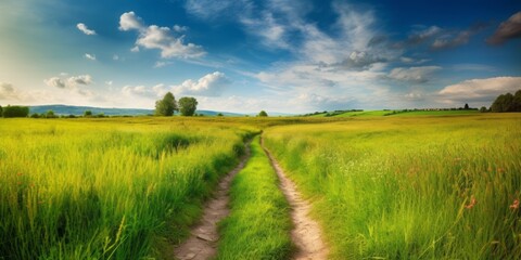 Single Path Passing through Green Field, Surrounded by Sky-Blue and Blue Tones, Offering Captivating Landscapes and Inviting a Youthful Energy amidst Spectacular Backdrops
