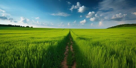 Fototapeta premium Single Path Passing through Green Field, Surrounded by Sky-Blue and Blue Tones, Offering Captivating Landscapes and Inviting a Youthful Energy amidst Spectacular Backdrops