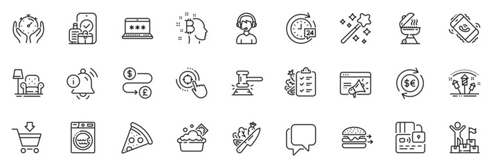 Icons pack as Delivery man, Pizza and Armchair line icons for app include Online market, Card, Laundry outline thin icon web set. Judge hammer, Money currency, Seo target pictogram. Vector