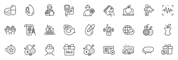 Icons pack as Voice wave, Dots message and World statistics line icons for app include Engineer, Organic waste, Sale offer outline thin icon web set. Terrace, Laptop, No alcohol pictogram. Vector