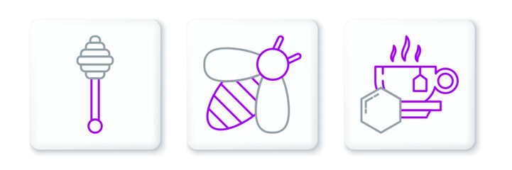 Set line Cup of tea with honey, Honey dipper stick and Bee icon. Vector