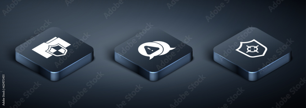 Poster set isometric document folder protection, shield and exclamation mark in triangle icon. vector