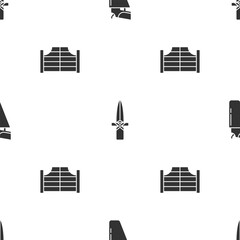Obraz premium Set Revolver gun in holster, Dagger and Saloon door on seamless pattern. Vector