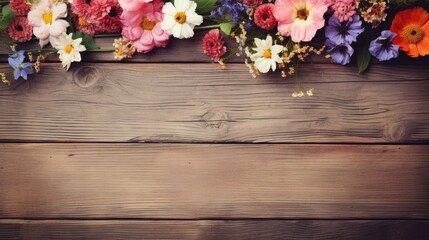 Flowers on wood texture background with copy space. Vintage style. Generative AI