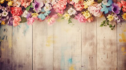 Flowers on wood texture background with copy space. Vintage style. Generative AI