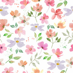Watercolor floral seamless pattern. Hand drawn illustration isolated on white background.
