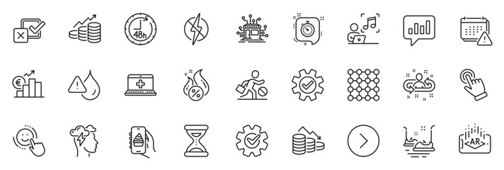 Icons pack as Music, Timer and Mindfulness stress line icons for app include 48 hours, Medical help, Cogwheel outline thin icon web set. Euro rate, Notification, Food app pictogram. Vector
