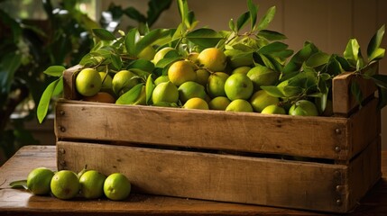 Fresh organic fruit harvested from the plantation and placed in a rustic box. Generative AI