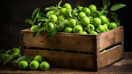 Fresh organic fruit harvested from the plantation and placed in a rustic box. Generative AI