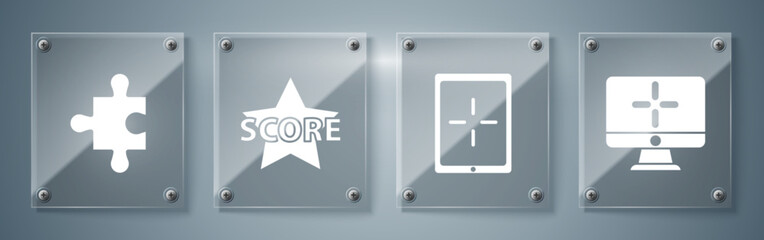 Set Computer monitor, Tablet, Star and Piece of puzzle. Square glass panels. Vector