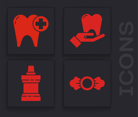 Set Candy, Tooth, Tooth and Mouthwash plastic bottle icon. Vector