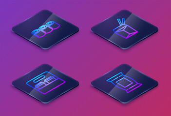 Set Isometric line Sushi, Coffee cup to go, Asian noodles and chopsticks and Bag or packet potato chips. Blue square button. Vector