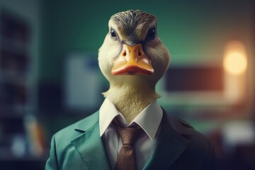 Anthropomorphic Duck in a suit like a businessman. Business Concept. AI generated, human enhanced - obrazy, fototapety, plakaty