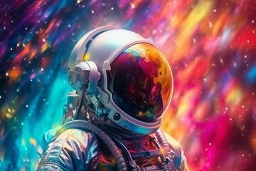 Fototapeta na wymiar Cosmonaut or astronaut in rainbow colors. Background with selective focus and copy space. AI generated, human enhanced