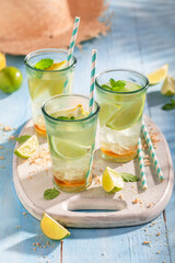 Tasty lemonade with citrus and mint leaves.