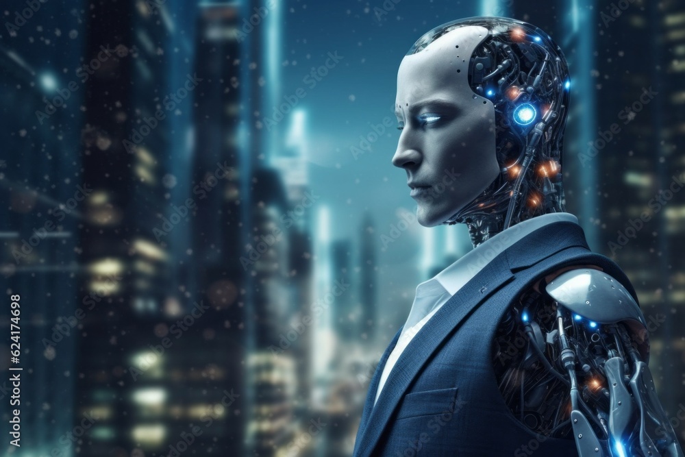 Poster anthropomorphic artificial intelligence. portrait with selective focus and copy space