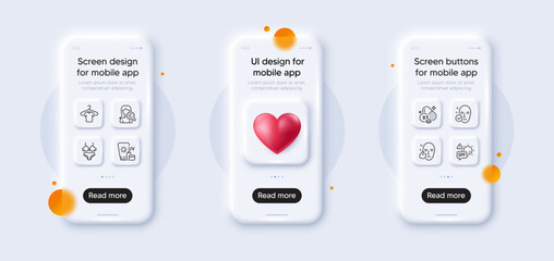 Healthy face, Vitamin b6 and Health skin line icons pack. 3d phone mockups with heart. Glass smartphone screen. Collagen skin, T-shirt, Lingerie web icon. Sunscreen, Spf protection pictogram. Vector