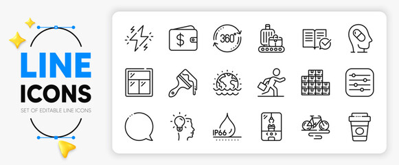 Idea, Crane claw machine and Bike line icons set for app include Takeaway coffee, Disaster, Baggage belt outline thin icon. Window, Full rotation, Depression treatment pictogram icon. Vector