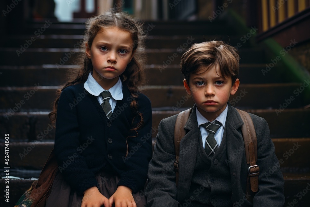 Canvas Prints Children sit on the steps of the school stairs during recess. Back To School concept. Background with selective focus