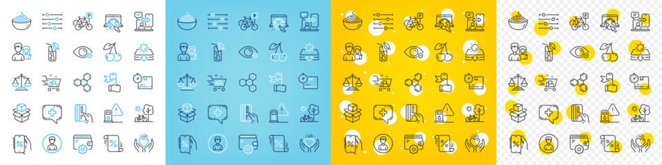 Vector icons set of Person, Internet and Teamwork line icons pack for web with Petrol station, Medical chat, Justice scales outline icon. Phone timing, Cardboard box, Loan percent pictogram. Vector