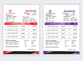 Business Minimal Corporate Invoice design template vector illustration bill form price . Creative template and stationery design payment agreement design template Cash Memo, Vector Quotation Design