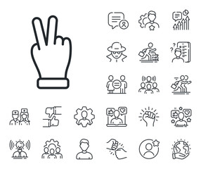 Two fingers palm sign. Specialist, doctor and job competition outline icons. Victory hand line icon. Gesture symbol. Victory hand line sign. Avatar placeholder, spy headshot icon. Vector