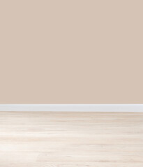 Beige oak floor and light wall for room background design. The concept of a mockup of empty space in an apartment.