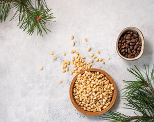 Pine nuts in a bowl  and scattered on a white texture background with branches of pine needles. The concept of natural, organic and healthy superfoods and snacks.