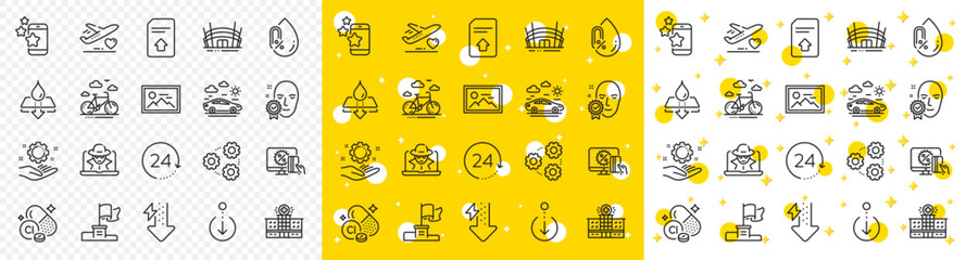 Outline Water resistant, Car travel and 24 hours line icons pack for web with Online shopping, Winner flag, Best app line icon. Scroll down, Chlorine mineral, Arena stadium pictogram icon. Vector