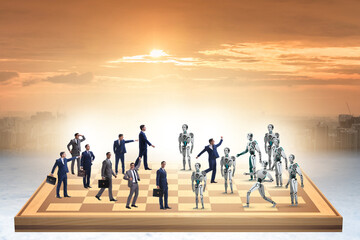 Fototapeta premium Concept of chess played by humans versus robots