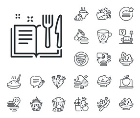 Cutlery sign. Crepe, sweet popcorn and salad outline icons. Recipe book line icon. Fork, knife symbol. Recipe book line sign. Pasta spaghetti, fresh juice icon. Supply chain. Vector