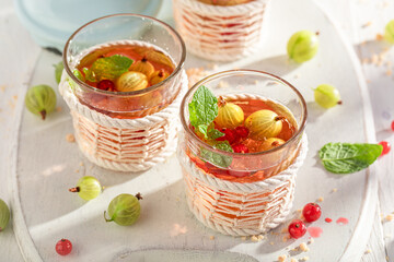 Healthy lemonade with gooseberries, redcurrant and mint.