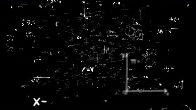 Math and physics formulae pass through the screen and fall away. Animation of maths equations. Fast movement of plexus formulas. Science, technology Genetics biology, biotechnology, chemistry, science
