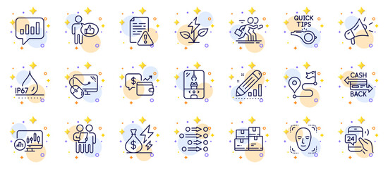 Outline set of Megaphone, 24h service and Cashback card line icons for web app. Include Crane claw machine, Candlestick chart, Like pictogram icons. Instruction manual, Face detection. Vector